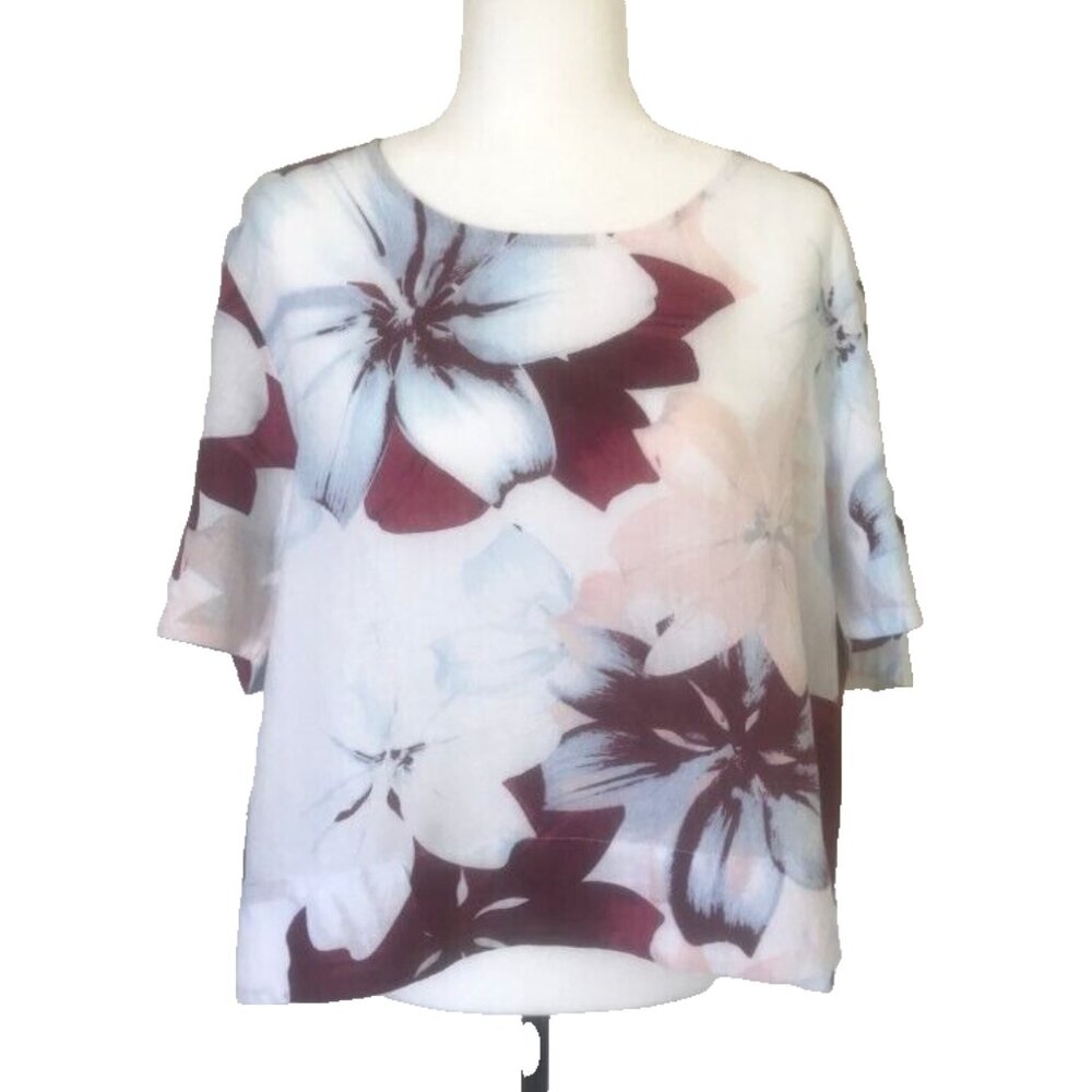 LORD & TAYLOR 100% Linen Short Sleeve Top Blouse Size Large Floral